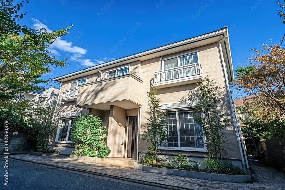 Stunning Two-Story House with Balconies and Lush Landscaping on a Sunny Day, Showcasing Modern Architectural Design. Stunning Two-Story House with Balconies and Lush Landscaping on a Sunny Day, Showcasing Modern Architectural Design.