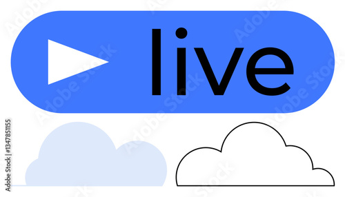 Play button next to live text enclosed in blue shape, accompanied by minimalistic clouds. Ideal for streaming, media, digital broadcast, cloud technology, communication, online interaction, flat