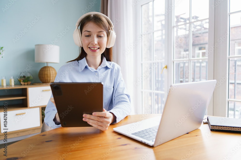 Woman using tablet and laptop in bright room with natural light while wearing headphones Woman using tablet and laptop in bright room with natural light while wearing headphones