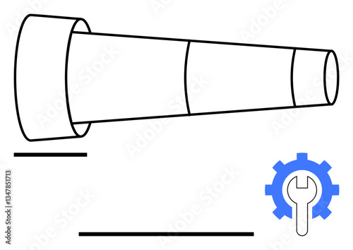 Collapsible telescope with gear and wrench element signifying precision, focus, and optimization. Ideal for exploration, vision, adjustment, problem-solving, innovation, strategy flat simple