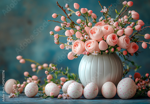 White Vase With Pink Roses and Blossoms Surrounded by Decorative Eggs on Blue

