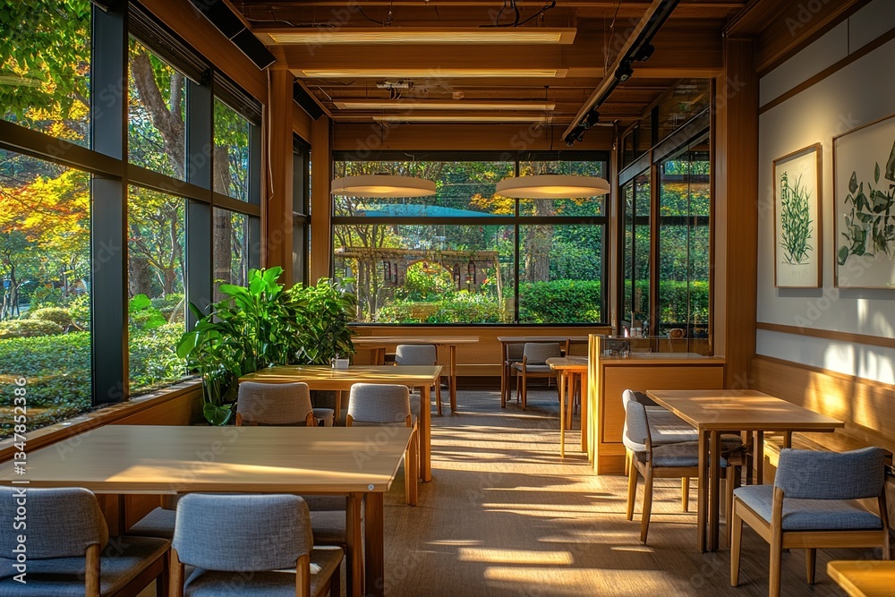 Obraz premium Serene Cafe Interior Design: Sunlight Illuminates Wooden Tables and Chairs near Lush Greenery, Creating a Tranquil Atmosphere for Relaxation and Dining.