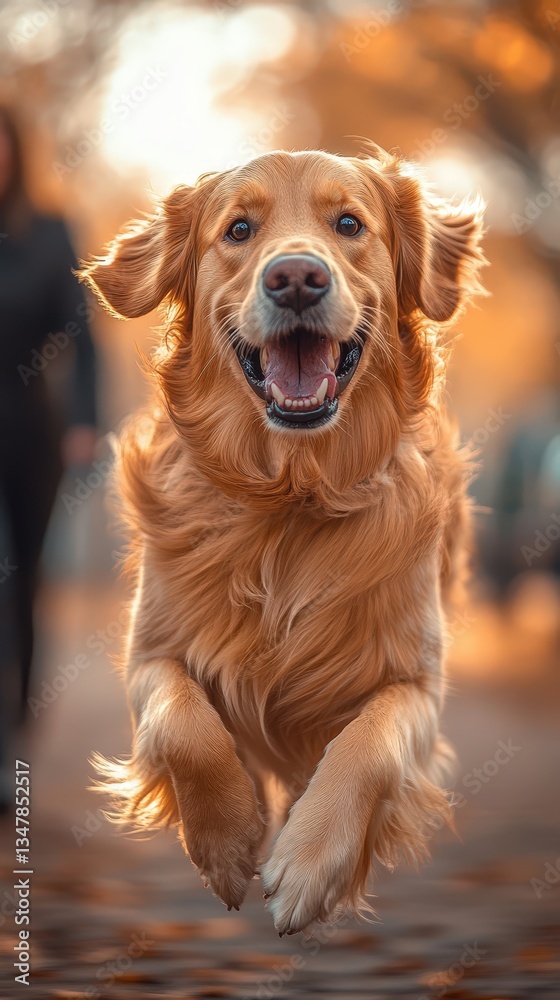 Happy Golden Retriever Playing in Autumn Park: Joyful Canine Adventure with Furry Companion Happy Golden Retriever Playing in Autumn Park: Joyful Canine Adventure with Furry Companion