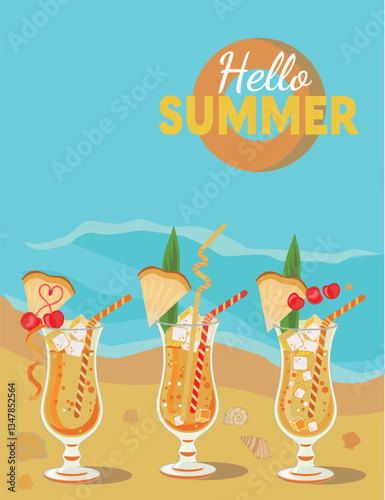 Vector illustration of  three summer cocktails with pineapple, cherries, and ice in Hurricane glass