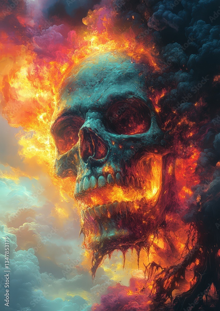 Surreal Skull and Flames Artwork: A Fantasy in Fire and Smoke - Vivid Blue & Orange Gothic Digital Illustration Surreal Skull and Flames Artwork: A Fantasy in Fire and Smoke - Vivid Blue & Orange Gothic Digital Illustration