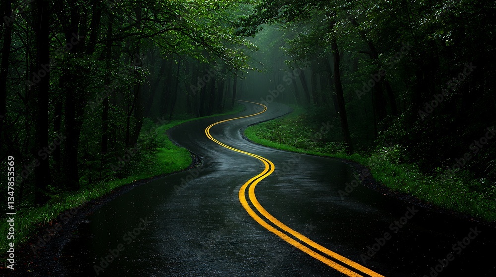Fototapeta premium Winding road through a misty forest