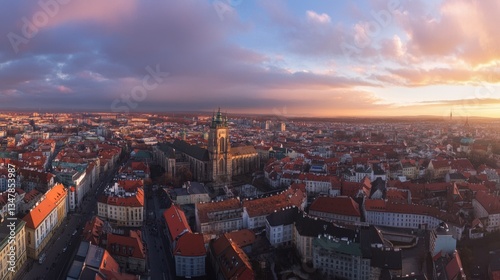 cityscape with its famous cathedral and old town square in summer, aerial view