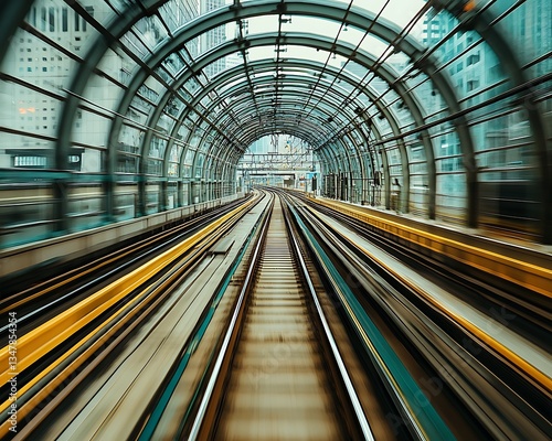 Train tracks disappearing into the distance beneath a glass tunnel