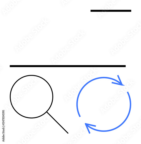 Magnifying glass signifies search, circular arrows for process or cycles, horizontal bars for separation or hierarchy. Ideal for research, analysis, organization, workflow, iteration, discovery flat