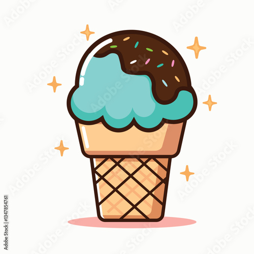 Vector illustration of bubble gum ice cream with chocolate topping and colorful sprinkles