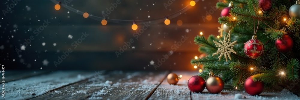 Winter Christmas tree on wooden background with ornaments and lights , christmas, winter Winter Christmas tree on wooden background with ornaments and lights , christmas, winter
