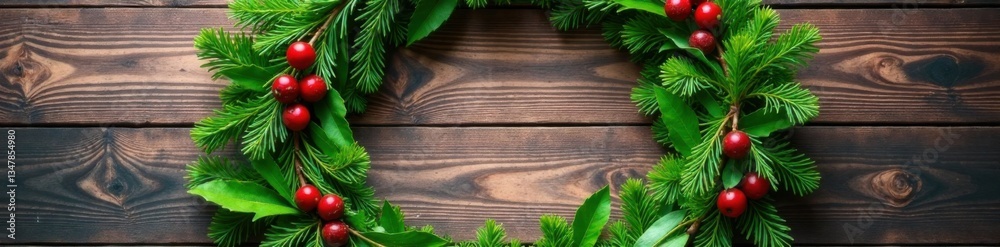 Winter evergreen branches arranged in a circular shape on a wooden background, foliage, trees Winter evergreen branches arranged in a circular shape on a wooden background, foliage, trees