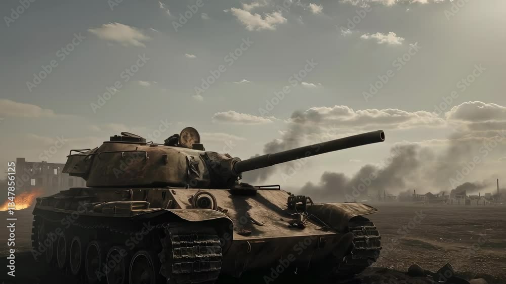 Military tank on battlefield at sunset. Armed forces in action. Concept of war, conflict, and defense. Remembrance day and veterans day tribute. Military tank on battlefield at sunset. Armed forces in action. Concept of war, conflict, and defense. Remembrance day and veterans day tribute.