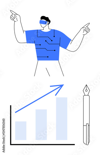 Wallpaper Mural Man wearing a VR headset pointing upward above chart with upward arrow and pen. Ideal for technology, education, business growth, virtual learning, creativity, innovation, futuristic themes. Flat Torontodigital.ca