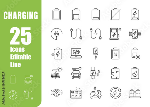 Set of editable charging icons. Battery, electricity, renewable energy, chargers, solar panel and more. Modern-style vector illustration