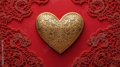 Ornate Gold Heart on Red Lace Background