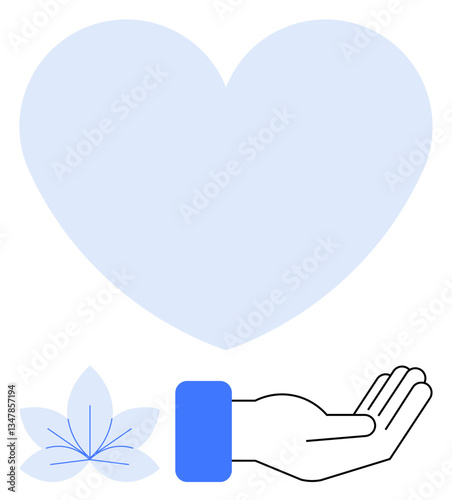 Hand extended upward with large heart and delicate flower representing love, compassion, generosity, or wellness. Ideal for charity, gratitude, self-care, health, mindfulness volunteering support