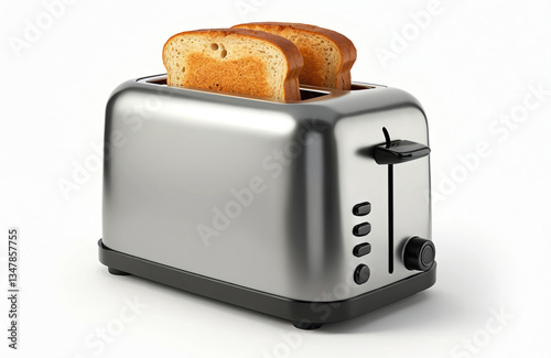 Modern stainless steel toaster with two slices of bread. Shiny electric kitchen appliance, home equipment for cooking breakfast, brunch. Closeup of hot toasted bread in morning. Black control panel.