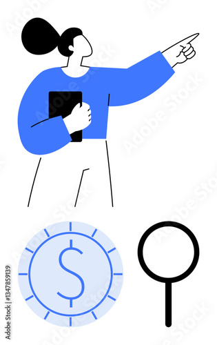 Woman holding notebook, pointing forward with decisive posture. Dollar coin and magnifying glass represent growth, success, and financial analysis. Ideal for leadership, ambition, finance, career