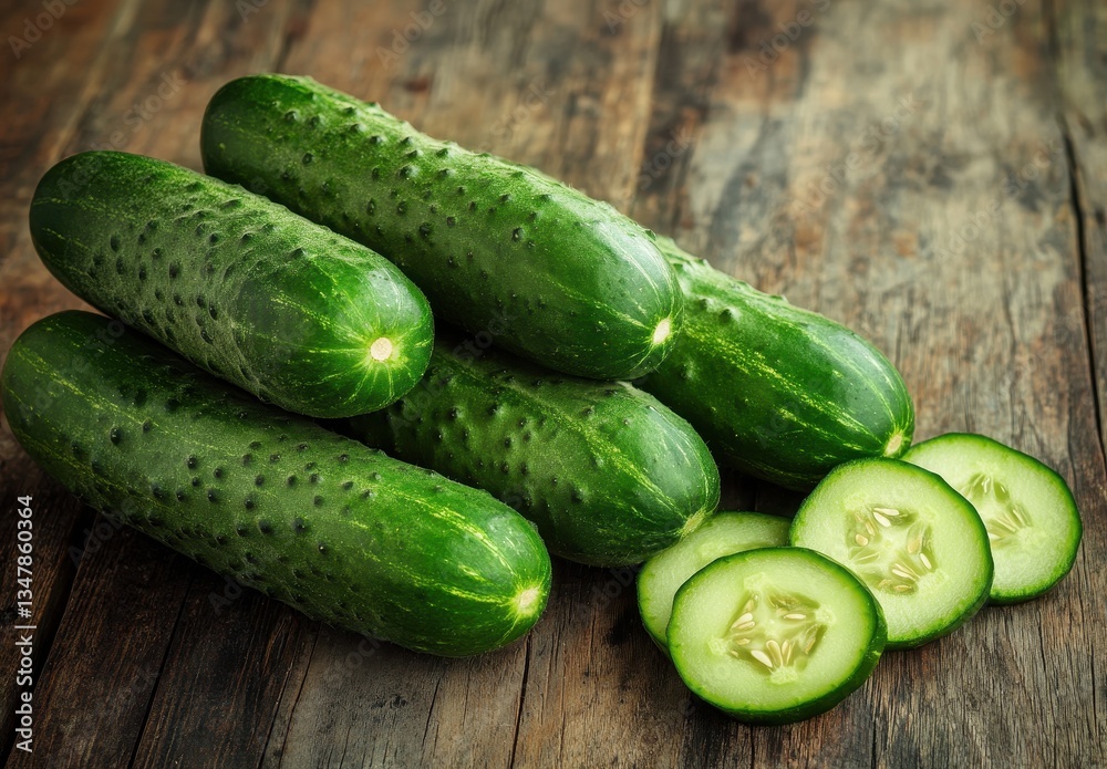 Fresh cucumbers stacked on a rustic wooden table with slices displayed nearby, showcasing their vibrant color and texture for culinary or health themes