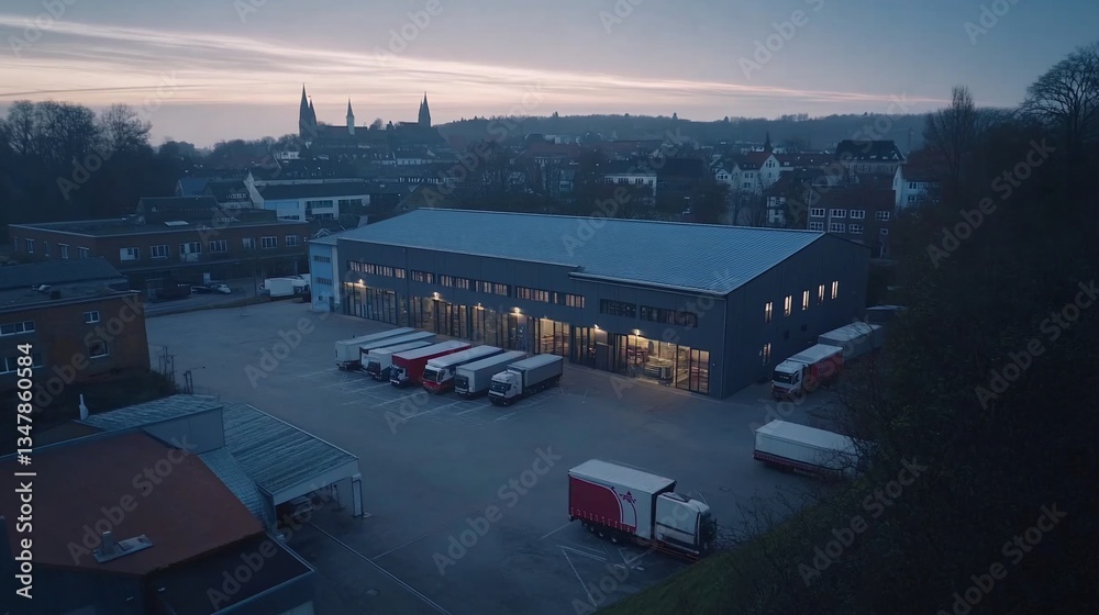 custom made wallpaper toronto digitalDusk logistics center, trucks parked, city backdrop, distribution