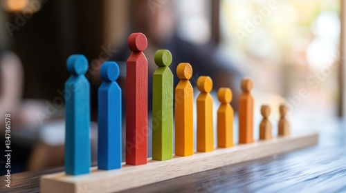 Colorful Wooden Human Figures in a Row, Representing Growth, Diversity, and Teamwork