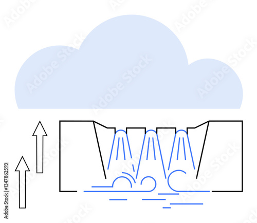 Cloud with multiple arrows directed upward and data streams flowing down thumbs up waterfalls into storage. Ideal for cloud computing, technology, data processing, innovation, internet, storage, flat