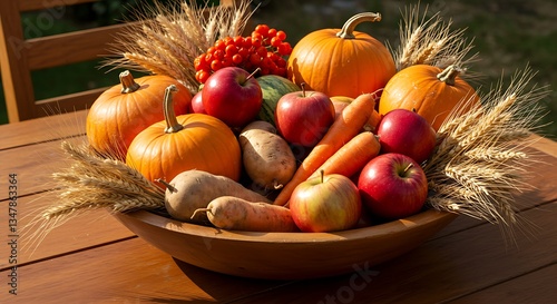 Autumn Harvest Vegetables and Fruits in Wooden Bowl