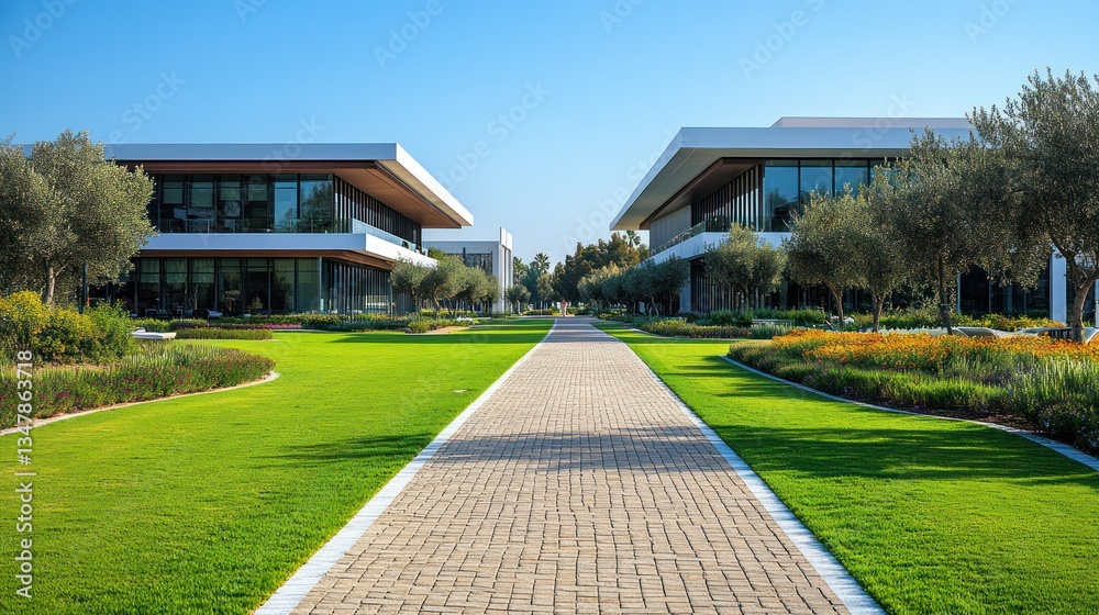 Modern office buildings with landscaped pathway. Modern office buildings with landscaped pathway.