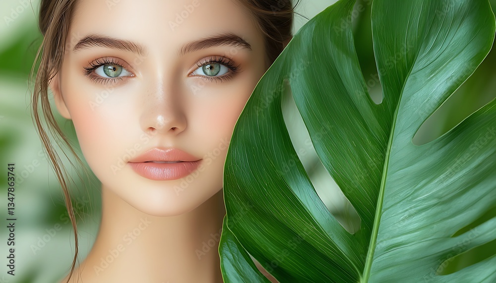Fototapeta premium Woman's face, leaf, green background