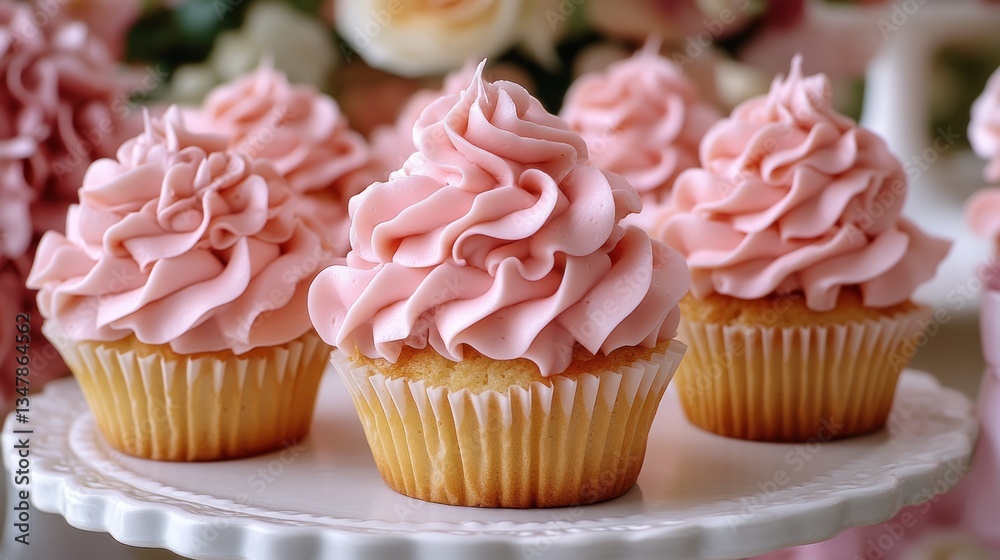 Delicate pink cupcakes with swirls of frosting Delicate pink cupcakes with swirls of frosting