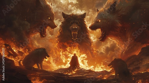 Dark dramatic depiction of Hades god of the underworld seated on a black obsidian throne a flaming river behind him as Cerberus the three headed hound snarls at lost souls