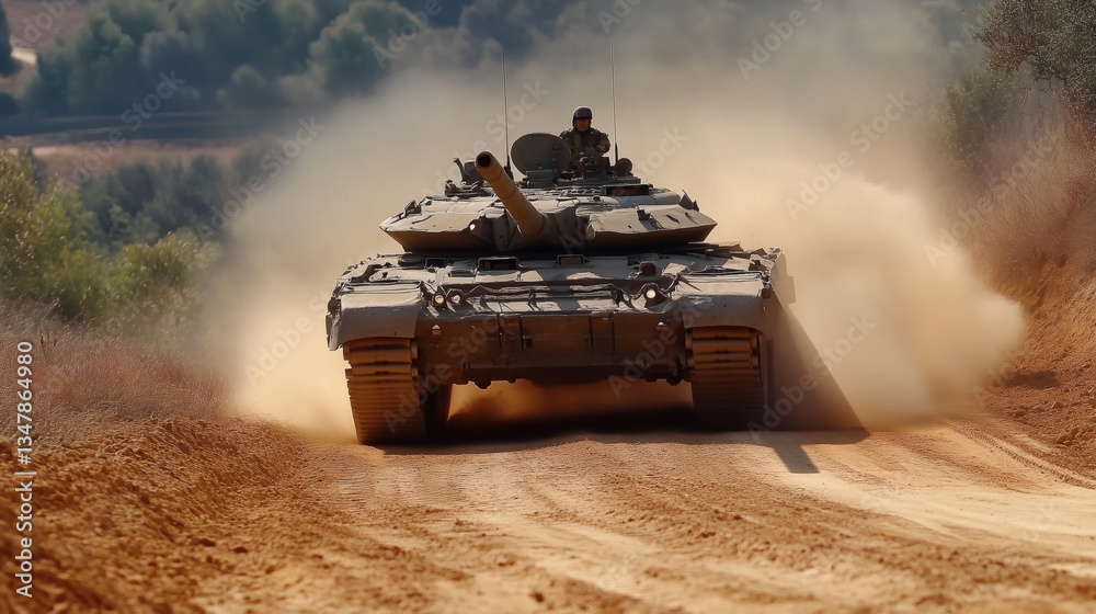 Fototapeta premium Carro de combate avanzando en terreno polvoriento