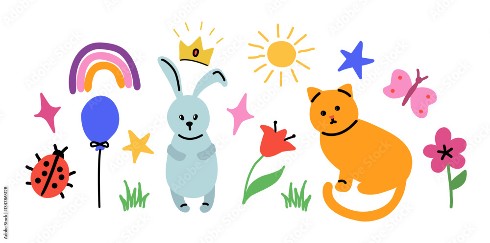 Naklejka premium Set of children's drawings. Vector color illustration. Cat, bunny, balloon, rainbow, flower, spark, star, sun, butterfly and ladybug. Kids cute doodles drawn by hand. For postcards and designs.