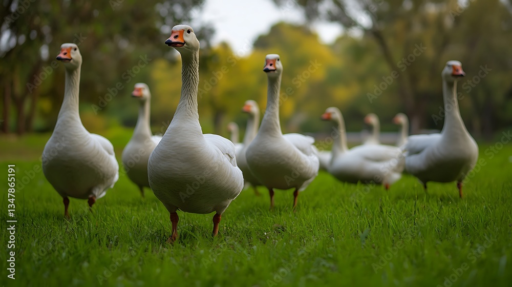 A Flock of Geese in a Lush Green Meadow A Flock of Geese in a Lush Green Meadow