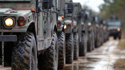 Columna de vehículos militares todoterreno en formación photo