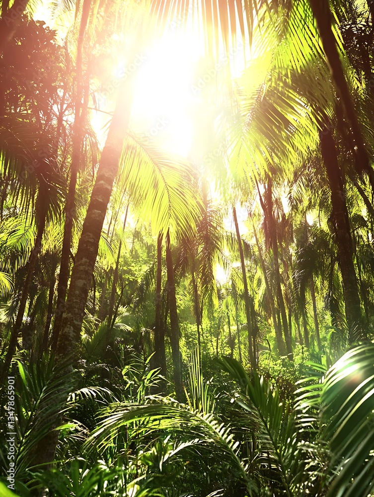 Naklejka premium Sun shines brightly through dense green tropical forest canopy
