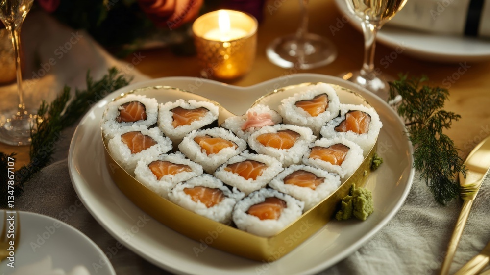 Fototapeta premium Heart Shaped Salmon Sushi Romantic Dinner
