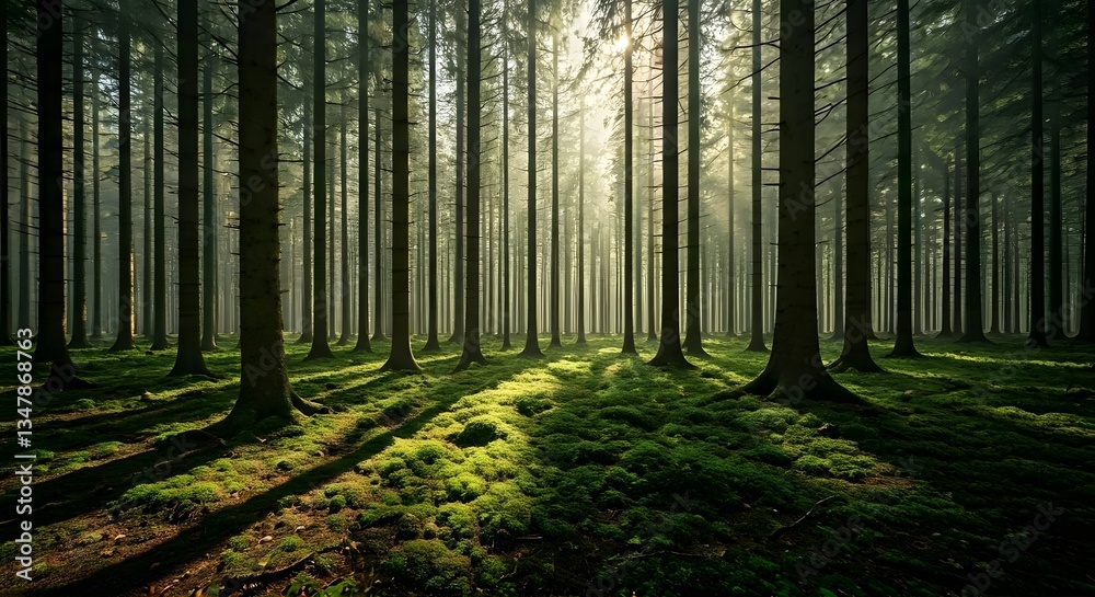 Fototapeta premium A vast forest stretching endlessly, with light filtering through the canopy of leaves, AI Generated