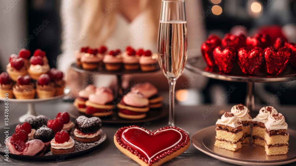 Naklejka premium Valentines Day Dessert Table Romantic Treats And Champagne