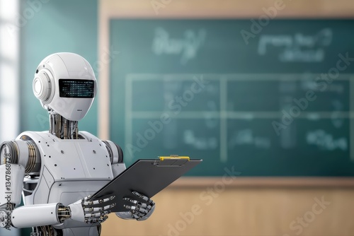 Futuristic Robot Teacher Concept in Classroom Setting with Black Chalkboard Background