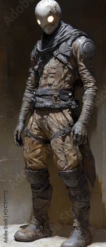 Armored figure stands against a dimly lit wall.