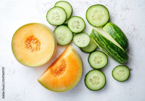 Fresh Melon and Cucumber Slices on a Light Background for Healthy Eating and Culinary Inspiration