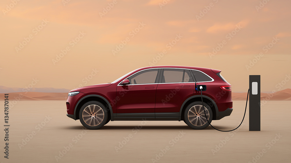 red electric SUV charging in remote desert landscape, showcasing modern design and technology red electric SUV charging in remote desert landscape, showcasing modern design and technology