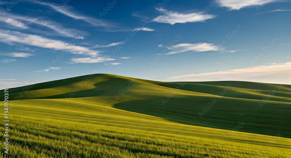Naklejka premium Rolling hills covered in thick grass with a bright blue sky and scattered clouds, Ai Generated