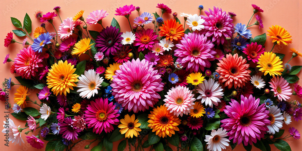 Fototapeta premium A vibrant display of assorted gerbera daisies in full bloom. A colorful mix of pink, orange, yellow, purple, red, white and blue hues against a warm orange backdrop.