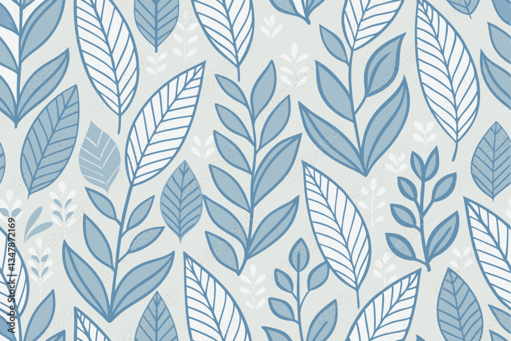 Fototapeta premium Subtle Leaf Illustrations in Cool Blue Tones on White, Abstract Natural Design for Textiles and Wallpaper Pattern Background