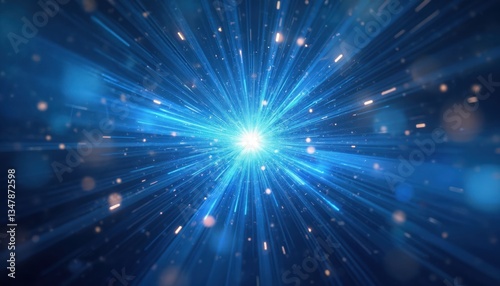Starburst abstract blue background with light beams. Bright energy rays explode from a central source. Dynamic pattern, radial design with bright colours, shiny glow.