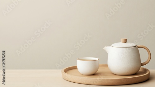 Wallpaper Mural A wooden tea tray, gradient background with warm tan to soft beige on the right, isolated minimalist style. Torontodigital.ca