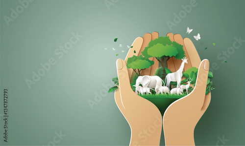Hands Holding Forest and Wildlife Paper Cut Style